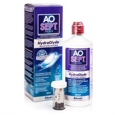 Alcon AOSEPT PLUS con HydraGlyde | Sistema monofase di disinfezione al perossido di idrogeno (3%) con matrice umettante HydraGlyde. Per tutti i tipi di lenti a contatto. Senza conservanti. | La confezione contiene porta lenti catalizzatore.